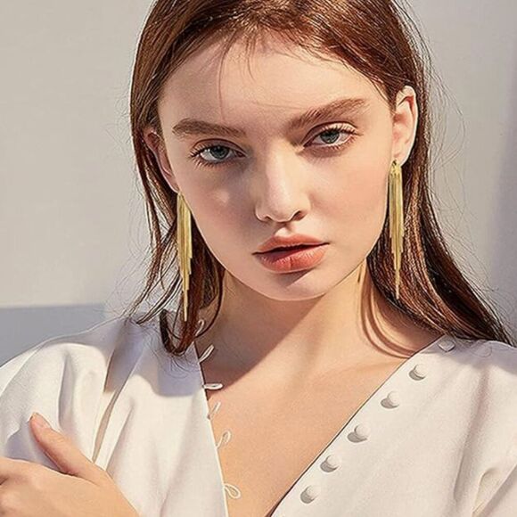 Hiatus | NWT Gold Haika Long Tassel Dangle Earrings Metal Chain - Picture 4 of 5